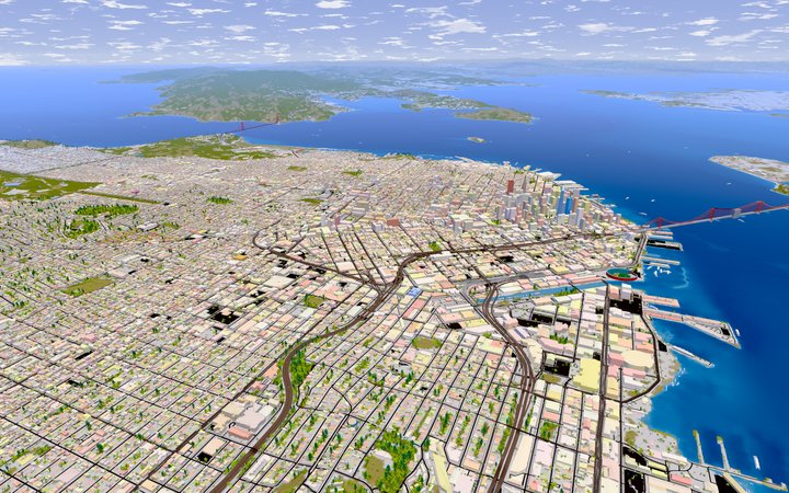 Aerial render of downtown San Francisco and the Bay Bridge from the digital twin
