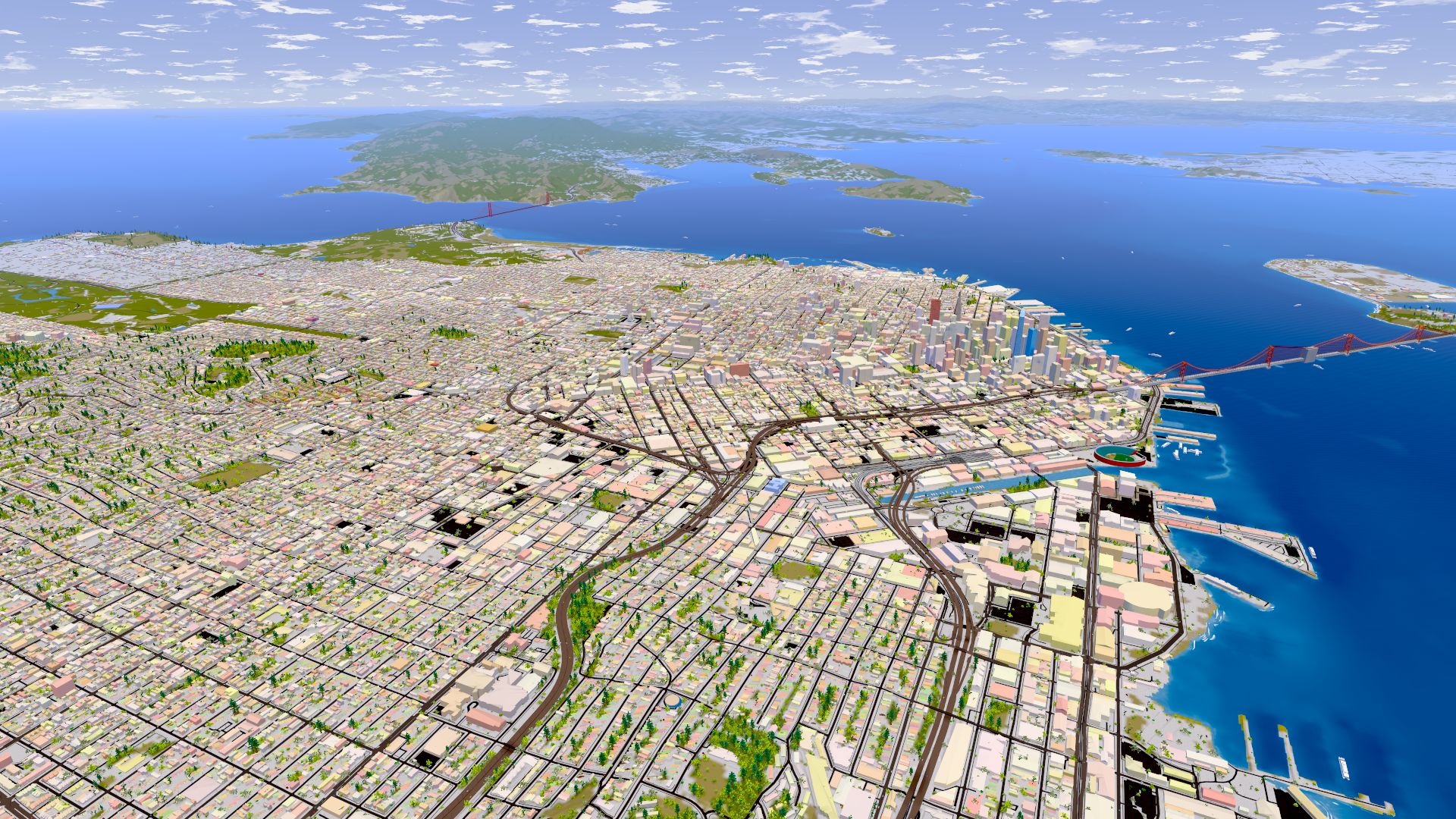 Stylized real-time render of San Francisco from above, looking north across the bay to the Golden Gate and Bay bridges